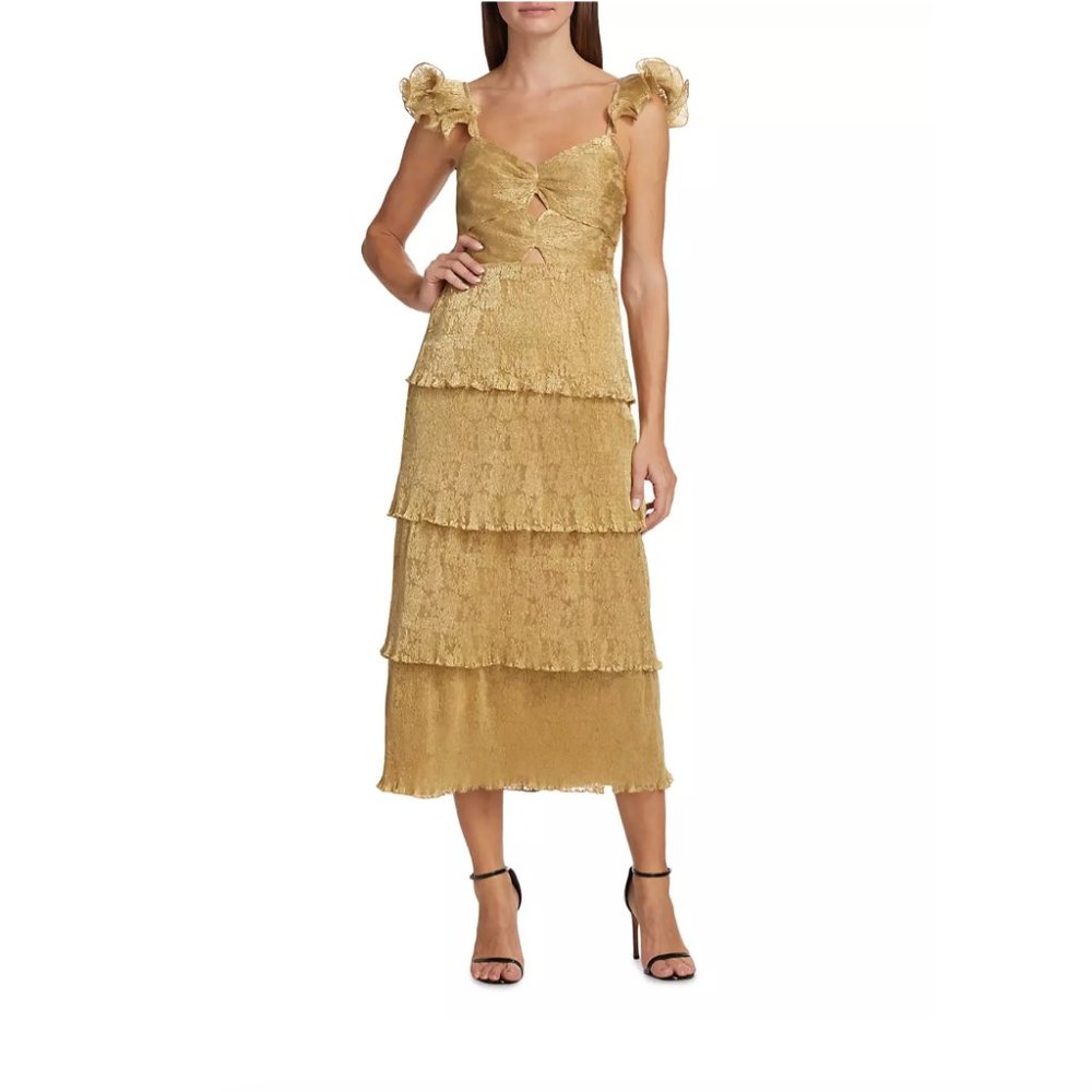 Saylor Soma Tiered Foil Laced Midi Dress NWT